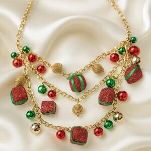 Festive Multi-Strand Gold Necklace – Red, Green & Gold Beads with Gift Box Charm